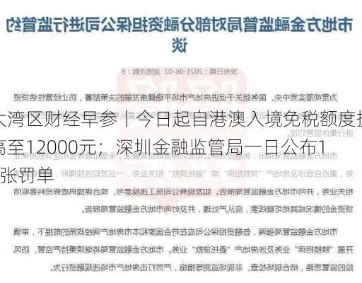 大湾区财经早参丨今日起自港澳入境免税额度提高至12000元；深圳金融监管局一日公布15张罚单