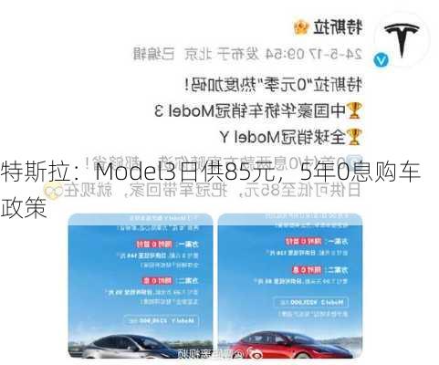 特斯拉：Model3日供85元，5年0息购车政策