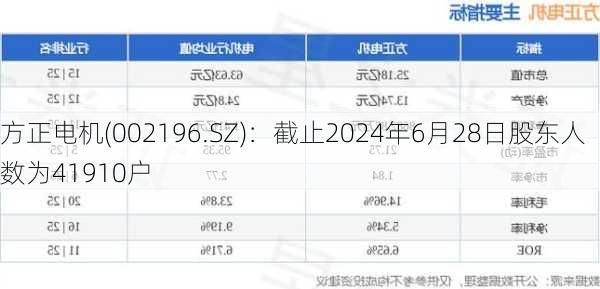 方正电机(002196.SZ)：截止2024年6月28日股东人数为41910户