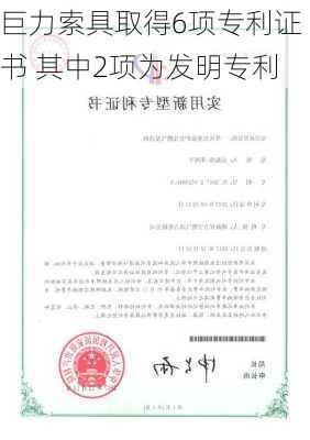 巨力索具取得6项专利证书 其中2项为发明专利