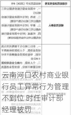 云南河口农村商业银行员工异常行为管理不到位 时任审计部经理被罚