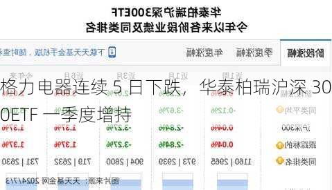 格力电器连续 5 日下跌，华泰柏瑞沪深 300ETF 一季度增持