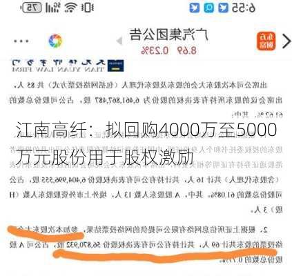 江南高纤：拟回购4000万至5000万元股份用于股权激励