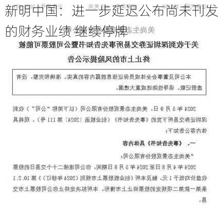 新明中国：进一步延迟公布尚未刊发的财务业绩 继续停牌