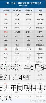 沃尔沃汽车6月销量71514辆 与去年同期相比增长8%