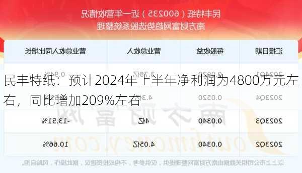 民丰特纸：预计2024年上半年净利润为4800万元左右，同比增加209%左右