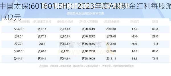 中国太保(601601.SH)：2023年度A股现金红利每股派1.02元