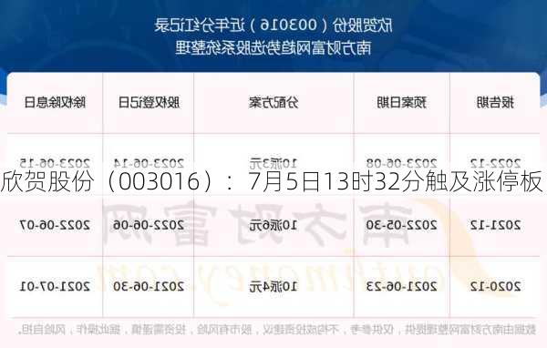 欣贺股份（003016）：7月5日13时32分触及涨停板