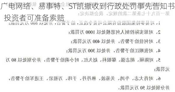 广电网络、易事特、ST凯撒收到行政处罚事先告知书  投资者可准备索赔