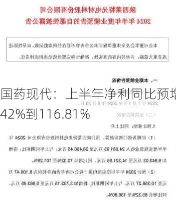 国药现代：上半年净利同比预增99.42%到116.81%