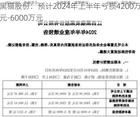 黑猫股份：预计2024年上半年亏损4200万元-6000万元