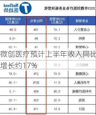 微创医疗预计上半年收入同比增长约17%