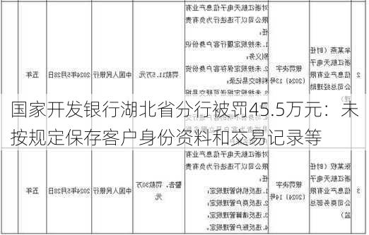 国家开发银行湖北省分行被罚45.5万元：未按规定保存客户身份资料和交易记录等