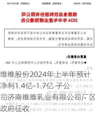 维维股份2024年上半年预计净利1.4亿-1.7亿 子公司济南维维乳业有限公司厂区被政府征收