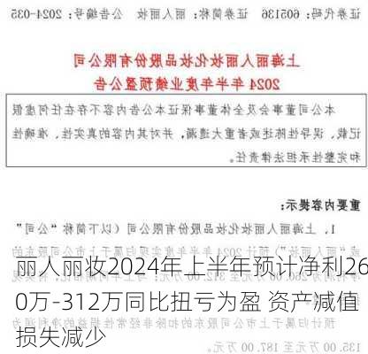 丽人丽妆2024年上半年预计净利260万-312万同比扭亏为盈 资产减值损失减少