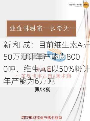 新 和 成：目前维生素A折50万IU计年产能为8000吨、维生素E以50%粉计年产能为6万吨