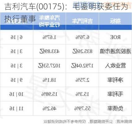 吉利汽车(00175)：毛鉴明获委任为执行董事