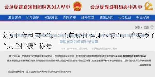 突发！保利文化集团原总经理蒋迎春被查，曾被授予“央企楷模”称号