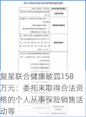 复星联合健康被罚158万元：委托未取得合法资格的个人从事保险销售活动等