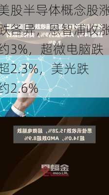 美股半导体概念股涨跌各异，恩智浦收涨约3%，超微电脑跌超2.3%，美光跌约2.6%