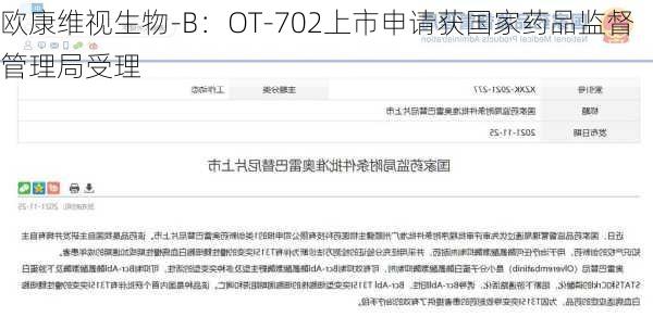 欧康维视生物-B：OT-702上市申请获国家药品监督管理局受理