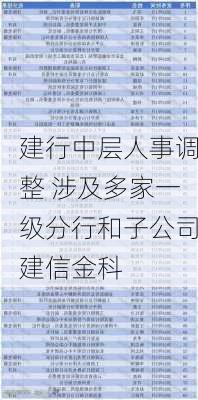 建行中层人事调整 涉及多家一级分行和子公司建信金科