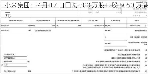 小米集团：7 月 17 日回购 300 万股 B 股 5050 万港元