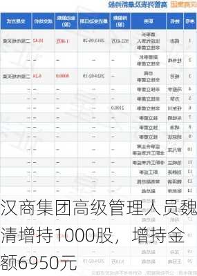 汉商集团高级管理人员魏泽清增持1000股，增持金额6950元