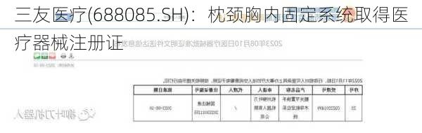 三友医疗(688085.SH)：枕颈胸内固定系统取得医疗器械注册证