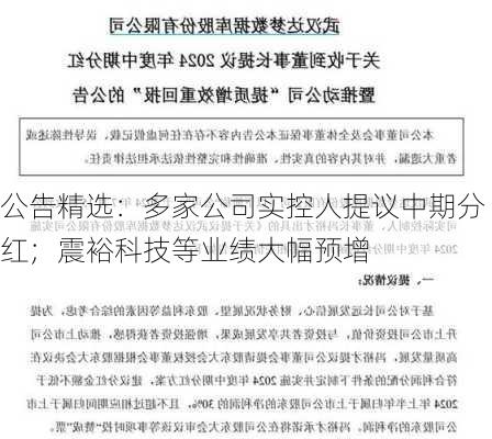 公告精选：多家公司实控人提议中期分红；震裕科技等业绩大幅预增