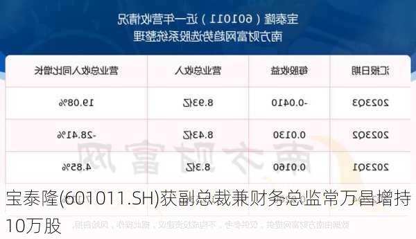 宝泰隆(601011.SH)获副总裁兼财务总监常万昌增持10万股