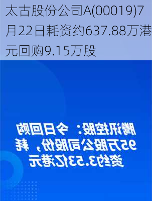 太古股份公司A(00019)7月22日耗资约637.88万港元回购9.15万股