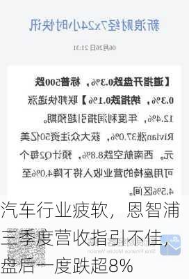 汽车行业疲软，恩智浦三季度营收指引不佳，盘后一度跌超8%