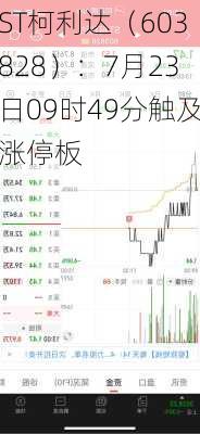 ST柯利达（603828）：7月23日09时49分触及涨停板