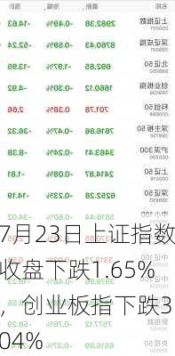 7月23日上证指数收盘下跌1.65%，创业板指下跌3.04%