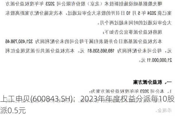 上工申贝(600843.SH)：2023年年度权益分派每10股派0.5元