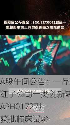 A股午间公告：一品红子公司一类创新药APH01727片获批临床试验