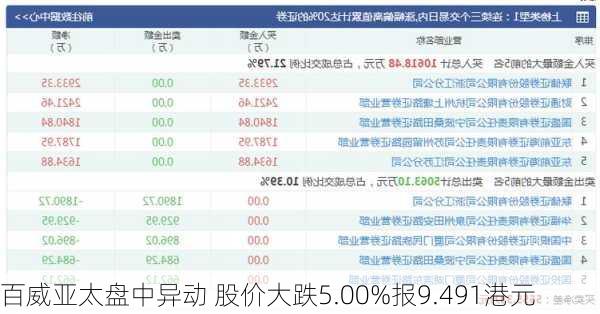 百威亚太盘中异动 股价大跌5.00%报9.491港元