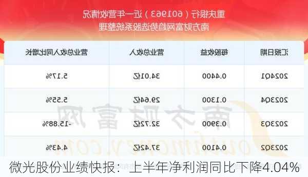 微光股份业绩快报：上半年净利润同比下降4.04%