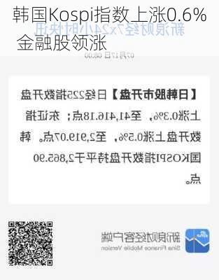 韩国Kospi指数上涨0.6% 金融股领涨