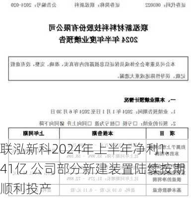 联泓新科2024年上半年净利1.41亿 公司部分新建装置陆续按期顺利投产