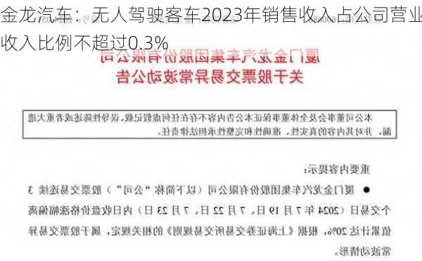 金龙汽车：无人驾驶客车2023年销售收入占公司营业收入比例不超过0.3%