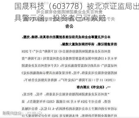 国晟科技（603778）被北京证监局出具警示函，投资者已可索赔