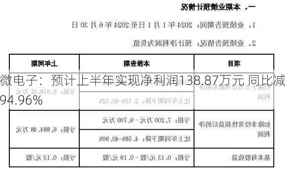 天微电子：预计上半年实现净利润138.87万元 同比减少94.96%