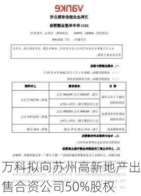 万科拟向苏州高新地产出售合资公司50%股权