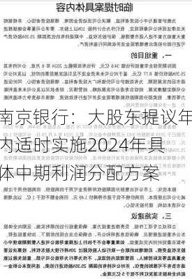 南京银行：大股东提议年内适时实施2024年具体中期利润分配方案