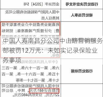 中国人寿南昌分公司中山路营销服务部被罚12万元：未如实记录保险业务事项