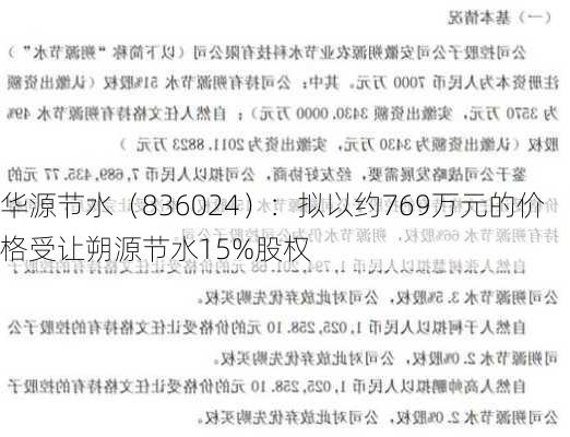 华源节水（836024）：拟以约769万元的价格受让朔源节水15%股权