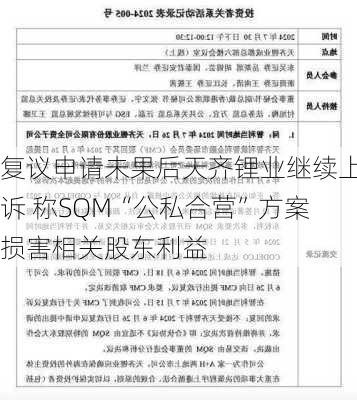 复议申请未果后天齐锂业继续上诉 称SQM“公私合营”方案损害相关股东利益