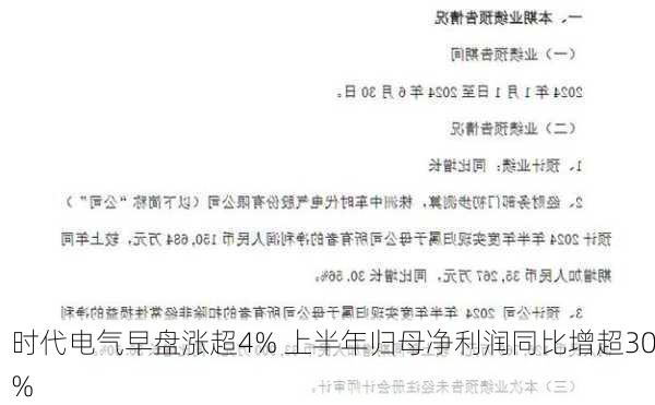 时代电气早盘涨超4% 上半年归母净利润同比增超30%